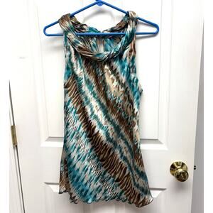 Signature by Larry Levine Blouse Brown Teal Sleeveless Tunic Women's Size L